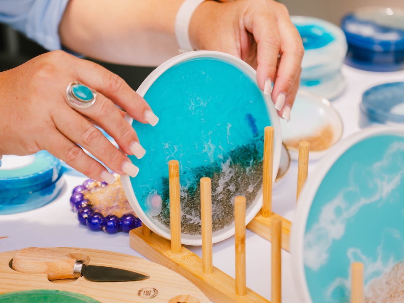 Resin coaster set with realistic sand and shell inclusions